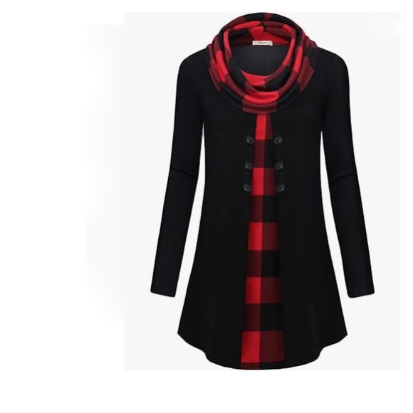 Bebonnie Buffalo Check Long Slv Cowl Neck Warm Splicing Tunic Top with Buttons - Picture 2 of 14